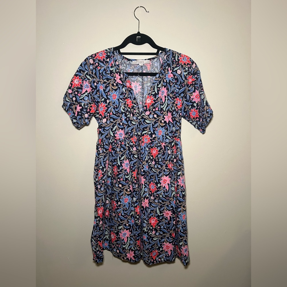 LOFT Pink and Blue Mini Dress with Puff Sleeve Buttoned Style